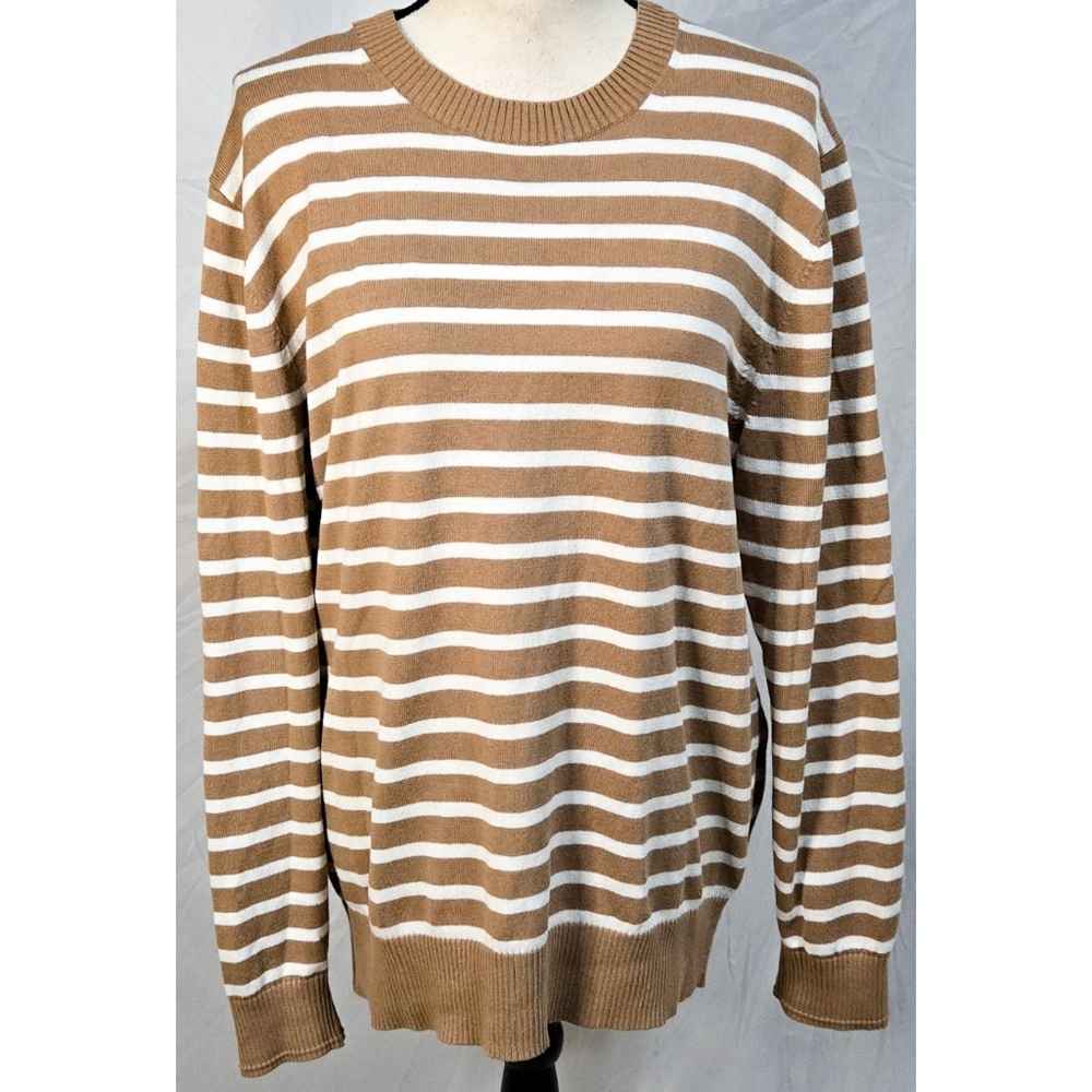 Everlane Organic Cotton Blend Striped Sweater Knit Tan White Sustainable
